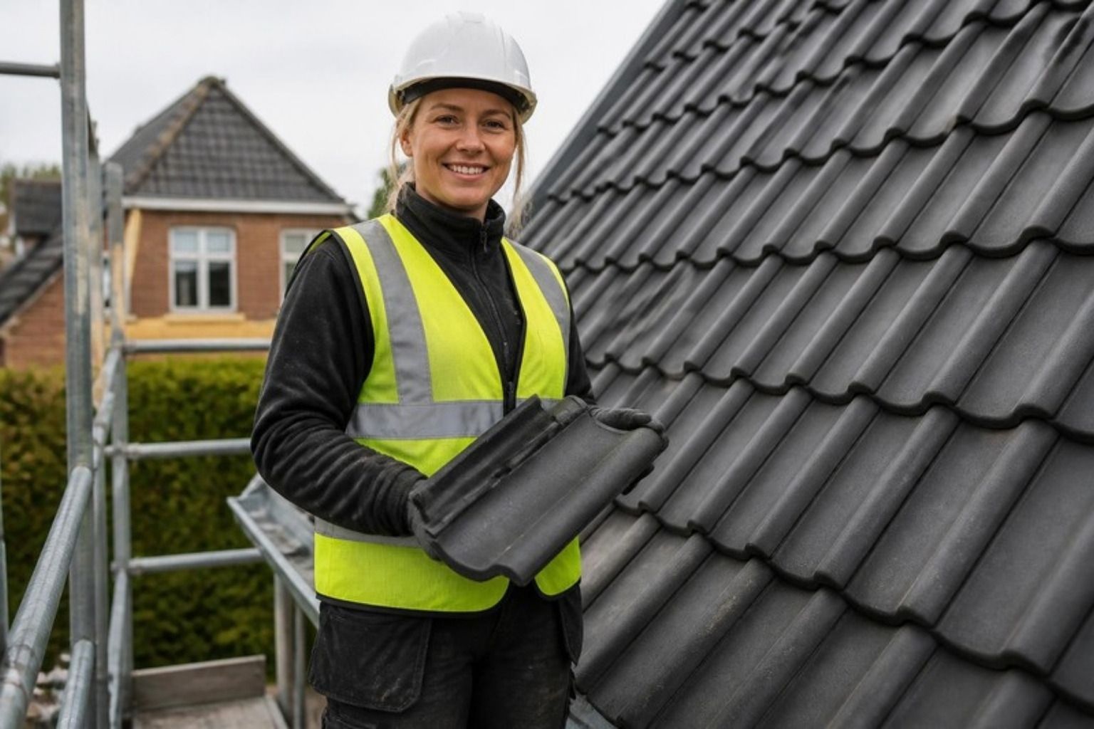 Smilende kvindelig tagdækker i sikkerhedsvest står på stilladset og lægger grå tagsten